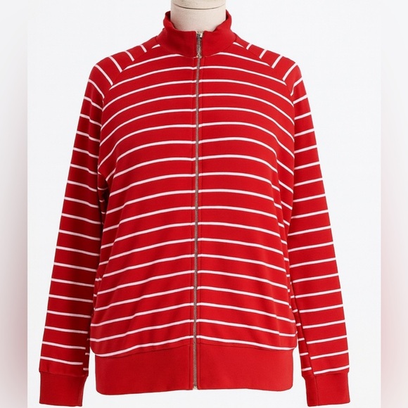 Talbots Knit Striped Full Zip Womens Cardigan XL Red White Pockets Long Sleeve - Picture 1 of 7
